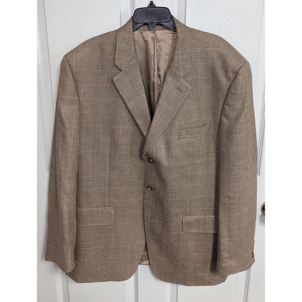 IZOD 3Button Blazer Men's 46R Tan Sport Coat Jacket Blazer Light Plaid Silk/Wool